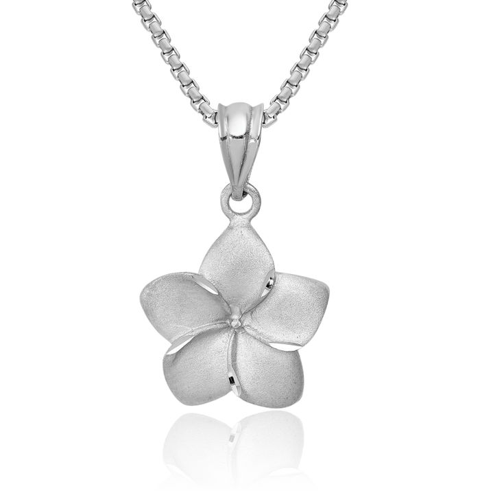 14K Solid White Gold Hawaiian Plumeria Flower Necklace Chain Pendant Charm