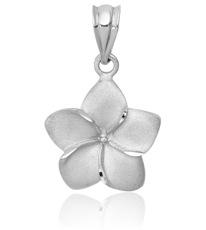 14K Solid White Gold Hawaiian Plumeria Flower Necklace Chain Pendant Charm