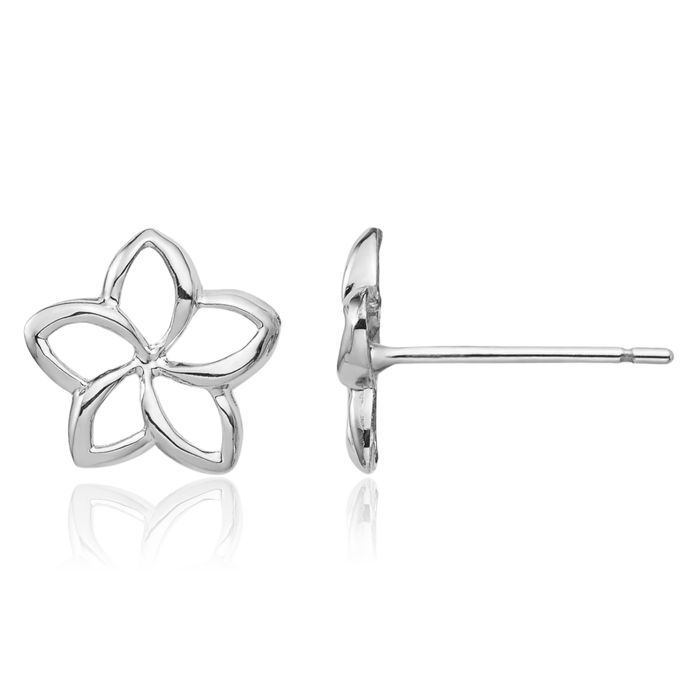 14K Solid White Gold Hawaiian Plumeria Flower Stud Earrings