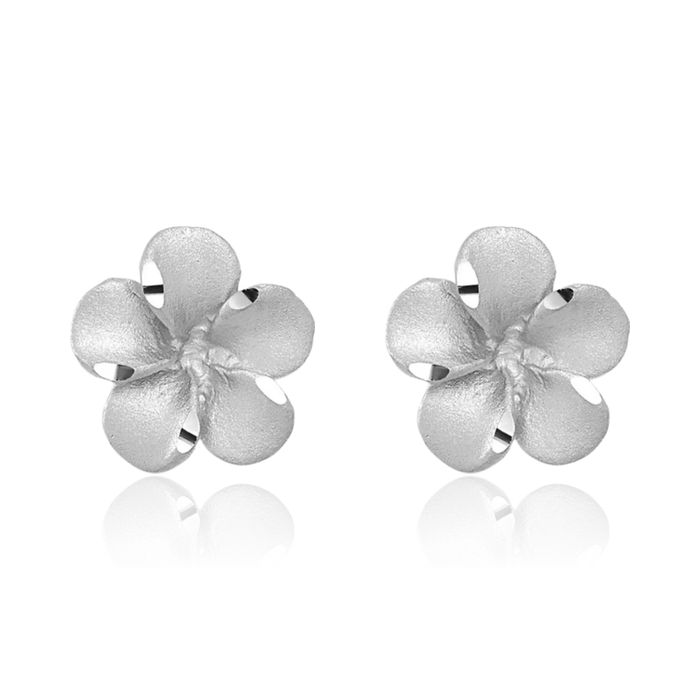 14K Solid White Gold Hawaiian Plumeria Flower Stud Earrings