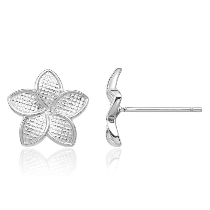 14K Solid White Gold Hawaiian Plumeria Flower Stud Earrings