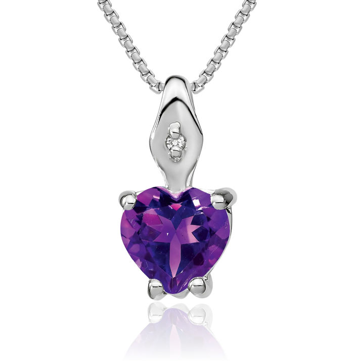 14K Solid White Gold Heart Purple Amethyst Diamond Necklace Charm Gemstone Pendant