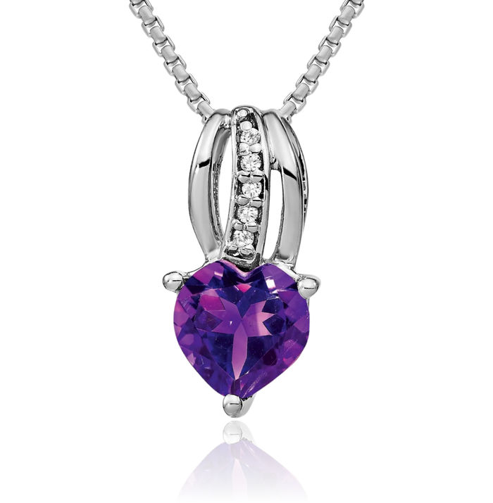 14K Solid White Gold Heart Purple Amethyst Diamond Necklace Charm Gemstone Pendant