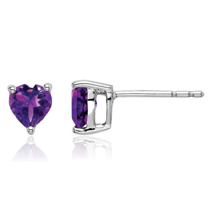 14K Solid White Gold Heart Purple Amethyst Studs Gemstone Earrings February Birthstone Jewelry