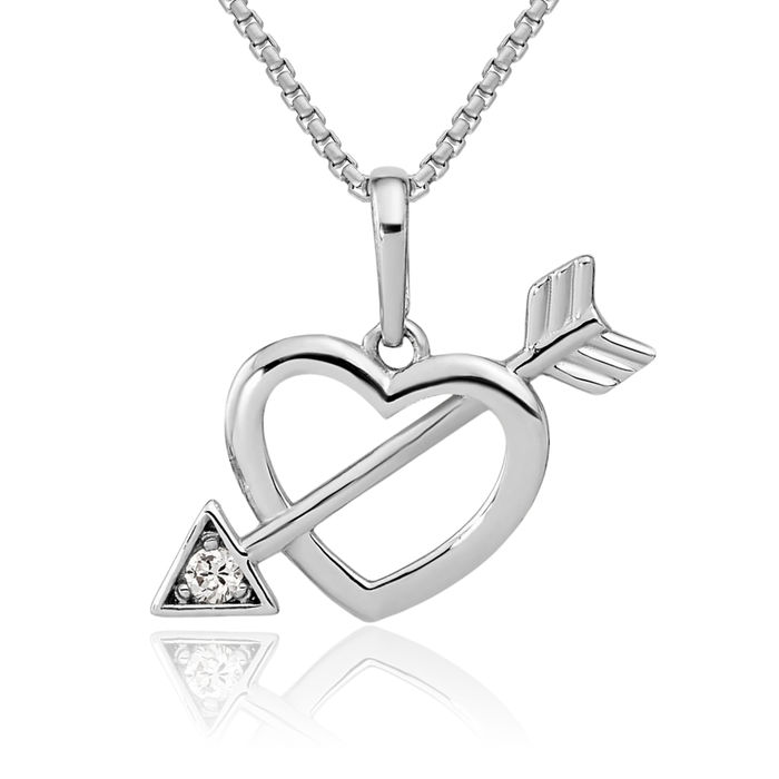 14K Solid White Gold Heart Arrow Cubic Zirconia CZ Necklace Chain Pendant Charm