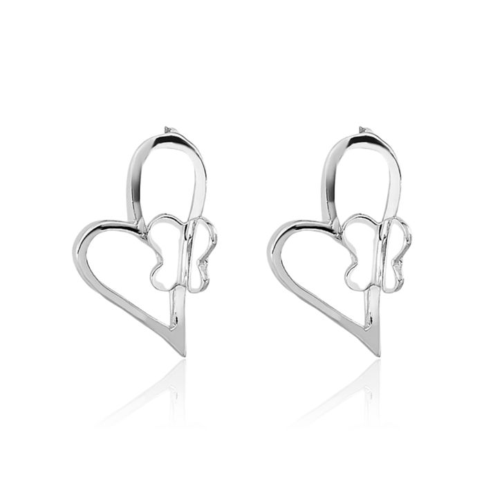 14K Solid White Gold Heart Butterfly Wings Stud Earrings