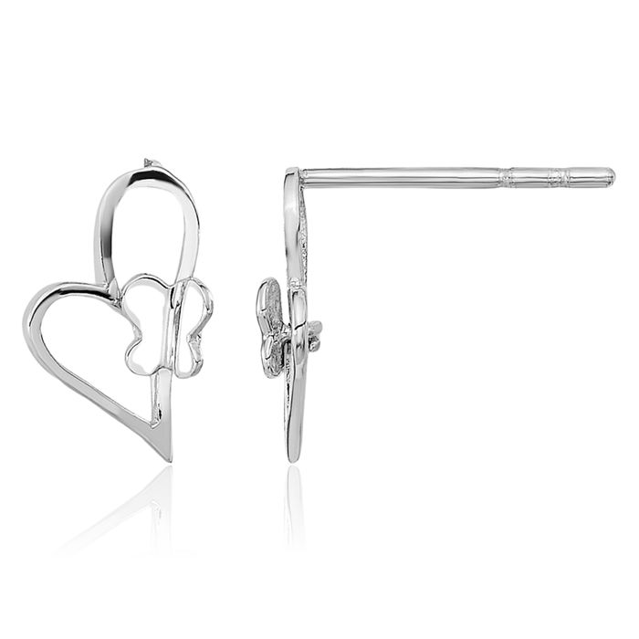 14K Solid White Gold Heart Butterfly Wings Stud Earrings