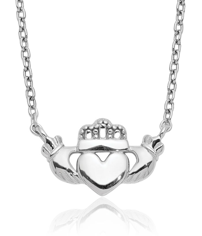 14K Solid White Gold Heart Irish Claddagh Celtic Chain Necklace Jewelry