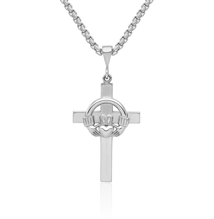 14K Solid White Gold Heart Irish Claddagh Celtic Holy Cross Necklace Religious Chain Pendant Jesus Christ Charm Jewelry