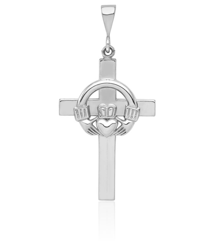 14K Solid White Gold Heart Irish Claddagh Celtic Holy Cross Necklace Religious Chain Pendant Jesus Christ Charm Jewelry