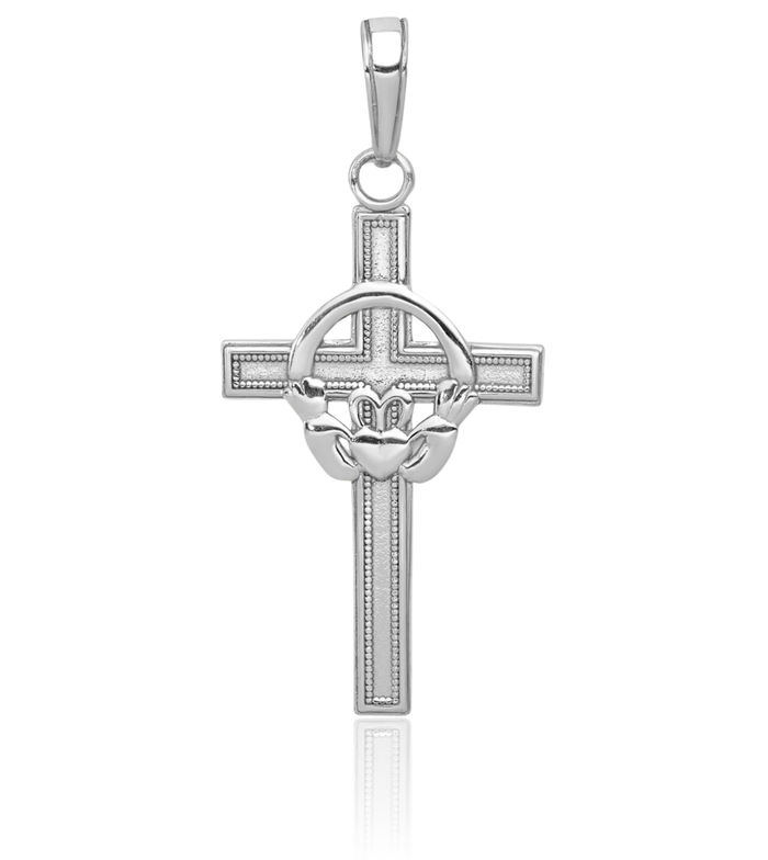 14K Solid White Gold Heart Irish Claddagh Celtic Holy Cross Necklace Religious Chain Pendant Jesus Christ Charm Jewelry