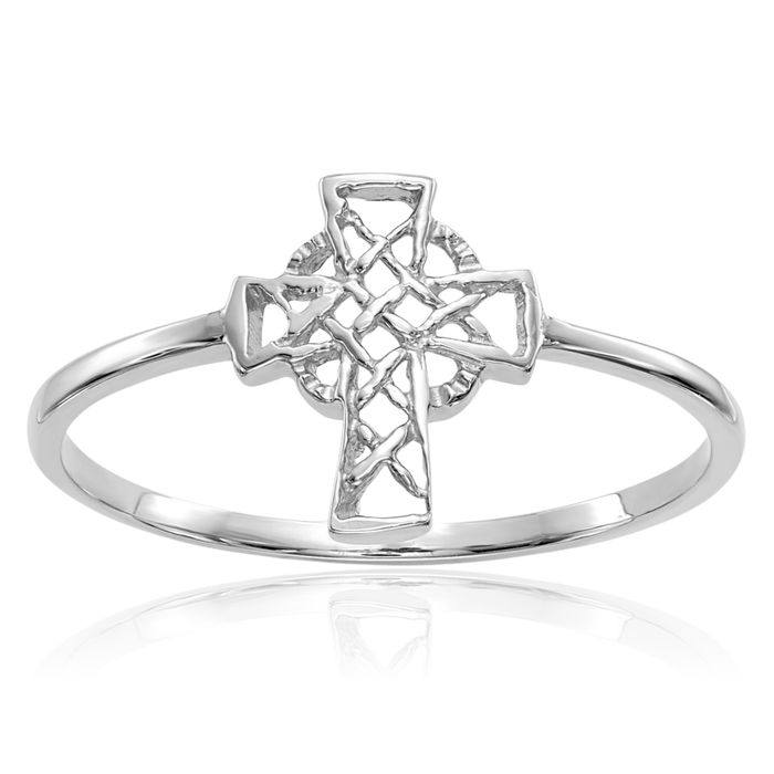 14K Solid White Gold Heart Irish Claddagh Celtic Holy Cross Ring Christian Religious Band Jewelry