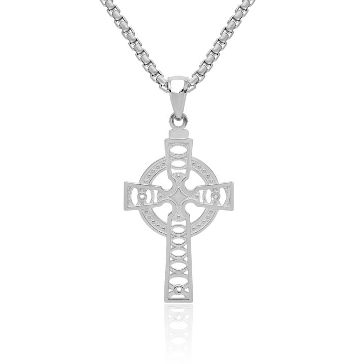 14K Solid White Gold Heart Irish Claddagh Celtic Iona Holy Cross Eternity Circle Round Necklace Religious Chain Pendant Jesus Christ Charm Jewelry