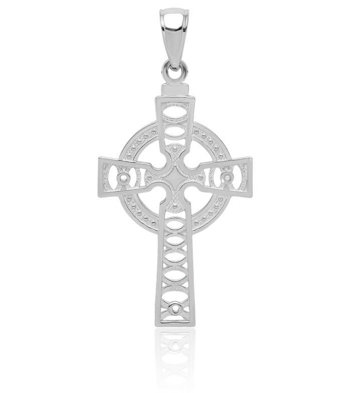 14K Solid White Gold Heart Irish Claddagh Celtic Iona Holy Cross Eternity Circle Round Necklace Religious Chain Pendant Jesus Christ Charm Jewelry