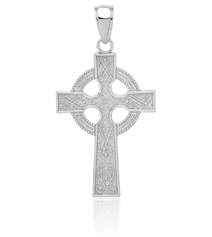14K Solid White Gold Heart Irish Claddagh Celtic Iona Holy Cross Necklace Religious Chain Pendant Jesus Christ Charm Jewelry