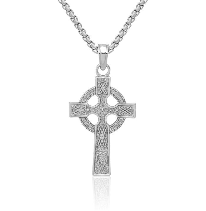 14K Solid White Gold Heart Irish Claddagh Celtic Iona Holy Cross Necklace Religious Chain Pendant Jesus Christ Charm Jewelry