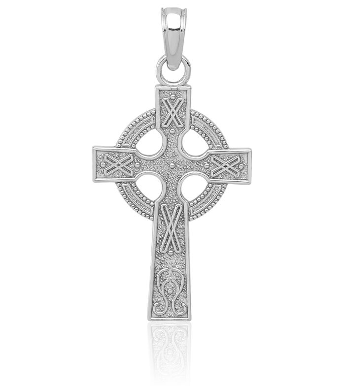 14K Solid White Gold Heart Irish Claddagh Celtic Iona Holy Cross Necklace Religious Chain Pendant Jesus Christ Charm Jewelry