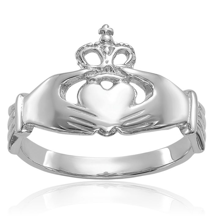 14K Solid White Gold Heart Irish Claddagh Celtic Ring Chunky Dome Statement Band Jewelry