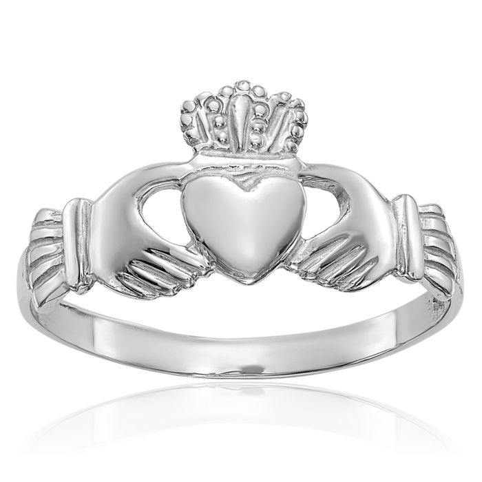 14K Solid White Gold Heart Irish Claddagh Celtic Ring Jewelry