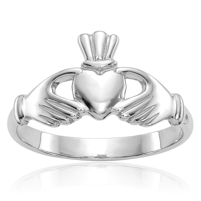 14K Solid White Gold Heart Irish Claddagh Celtic Ring Jewelry