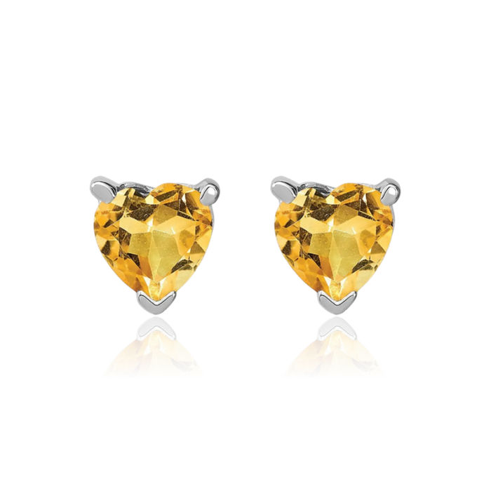 14K Solid White Gold Heart Yellow Orange Citrine Studs Gemstone Earrings November Birthstone Jewelry