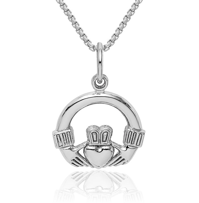 14K Solid White Gold Heart Irish Claddagh Necklace Celtic Charm Pendant Jewelry