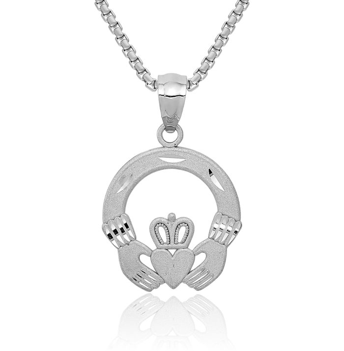 14K Solid White Gold Heart Irish Claddagh Necklace Celtic Charm Pendant Jewelry