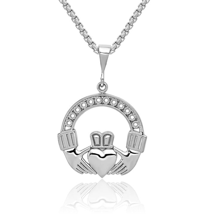 14K Solid White Gold Heart Irish Claddagh Necklace Celtic Charm Pendant Jewelry