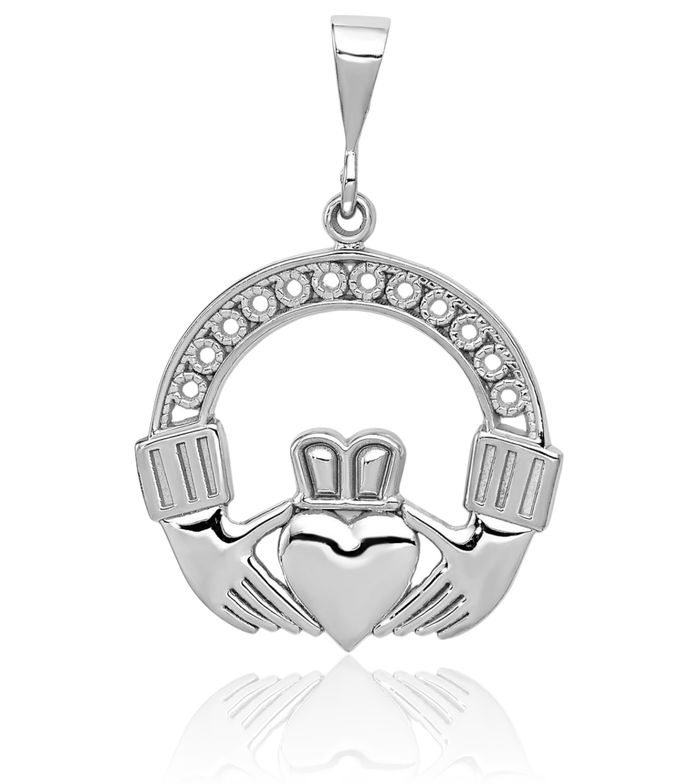 14K Solid White Gold Heart Irish Claddagh Necklace Celtic Charm Pendant Jewelry