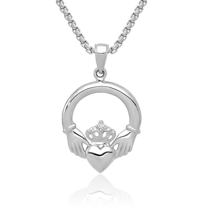 14K Solid White Gold Heart Irish Claddagh Necklace Celtic Charm Pendant Jewelry