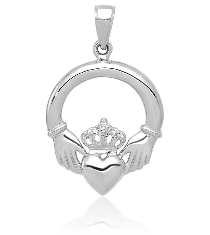 14K Solid White Gold Heart Irish Claddagh Necklace Celtic Charm Pendant Jewelry