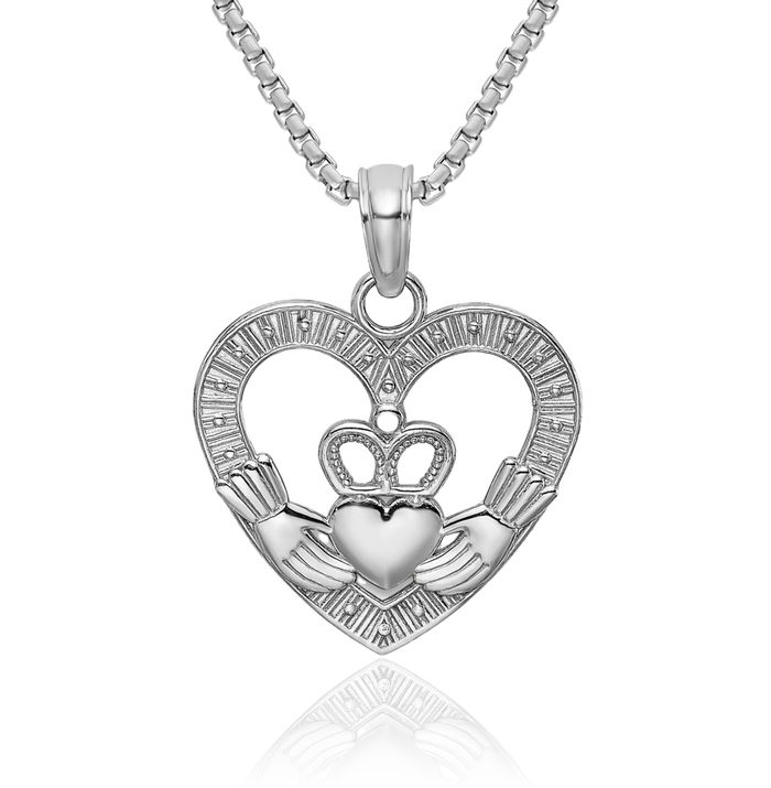 14K Solid White Gold Heart Irish Claddagh Necklace Celtic Charm Pendant Jewelry