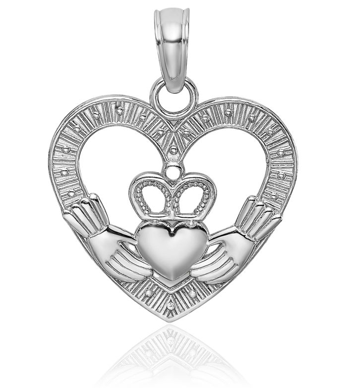 14K Solid White Gold Heart Irish Claddagh Necklace Celtic Charm Pendant Jewelry