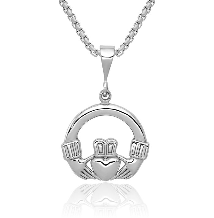 14K Solid White Gold Heart Irish Claddagh Necklace Celtic Charm Pendant Jewelry