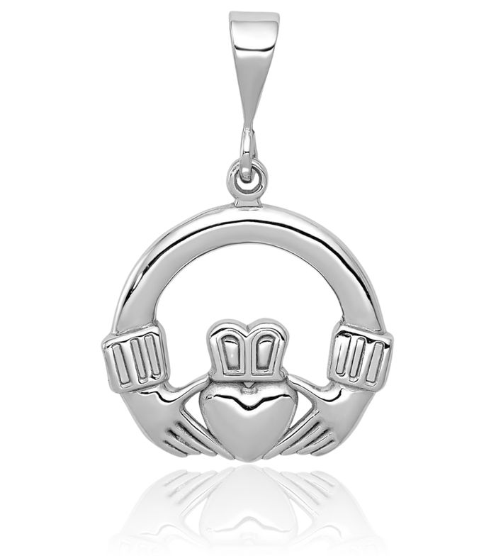 14K Solid White Gold Heart Irish Claddagh Necklace Celtic Charm Pendant Jewelry