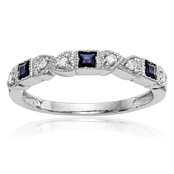 14K Solid White Gold Heart Diamond Blue Sapphire Wedding Band Ring Gemstone