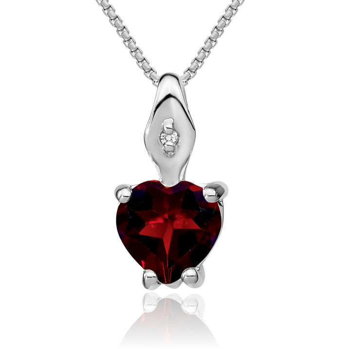 14K Solid White Gold Heart Red Garnet Diamond Necklace Charm Gemstone Pendant