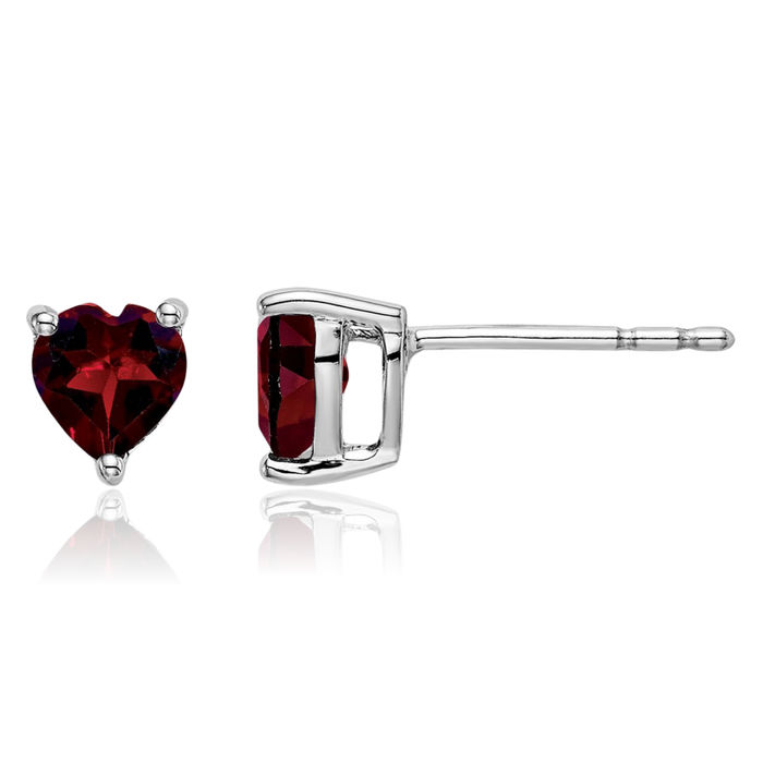 14K Solid White Gold Heart Red Garnet Studs Gemstone Earrings January Birthstone Jewelry