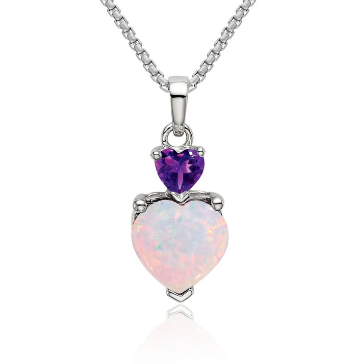 14K Solid White Gold Heart Lab Opal Purple Amethyst Necklace Charm Gemstone Pendant