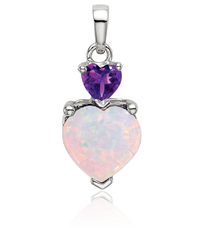 14K Solid White Gold Heart Lab Opal Purple Amethyst Necklace Charm Gemstone Pendant