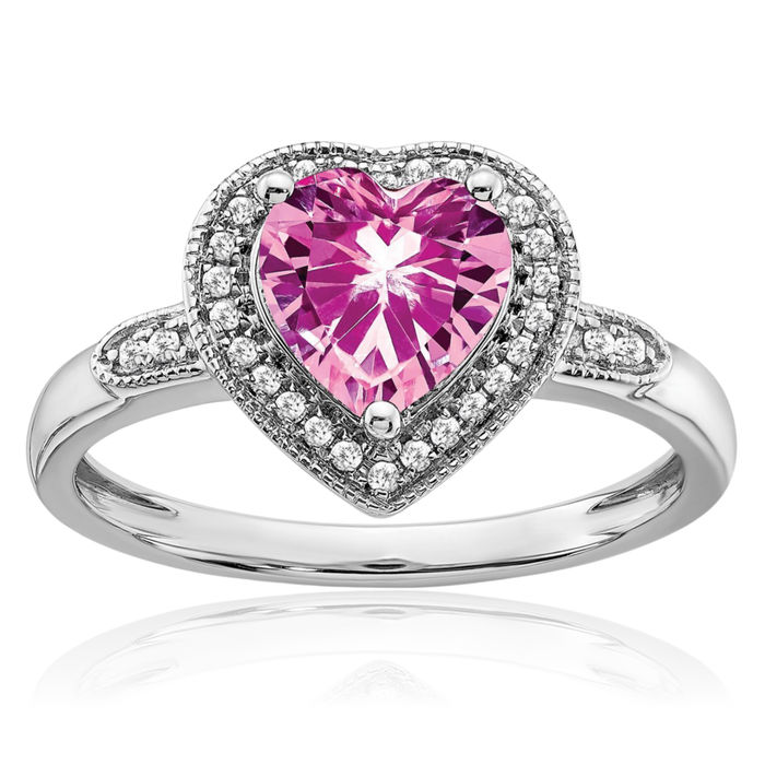 14K Solid White Gold Heart Lab Pink Sapphire Diamond Halo Round Ring October Birthstone Jewelry