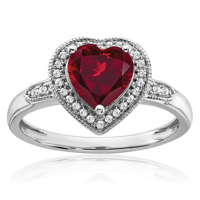 14K Solid White Gold Heart Lab Red Ruby Diamond Halo Round Ring July Birthstone Jewelry