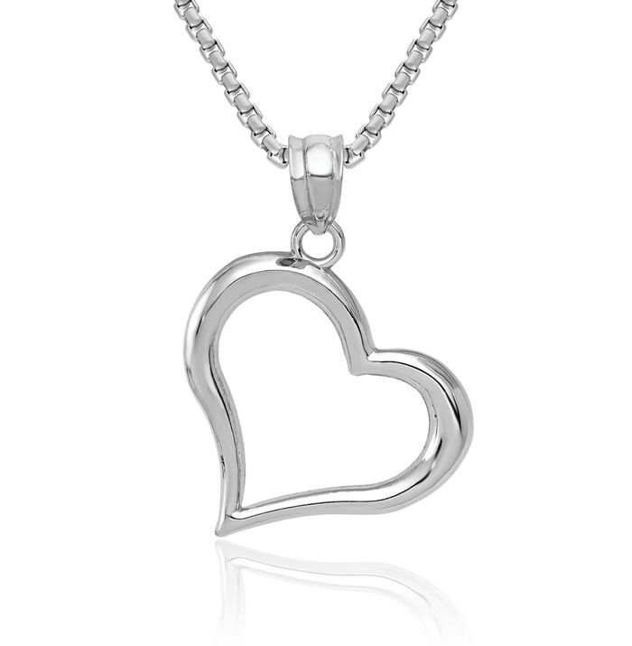 14K Solid White Gold Heart Necklace Love Pendant Charm