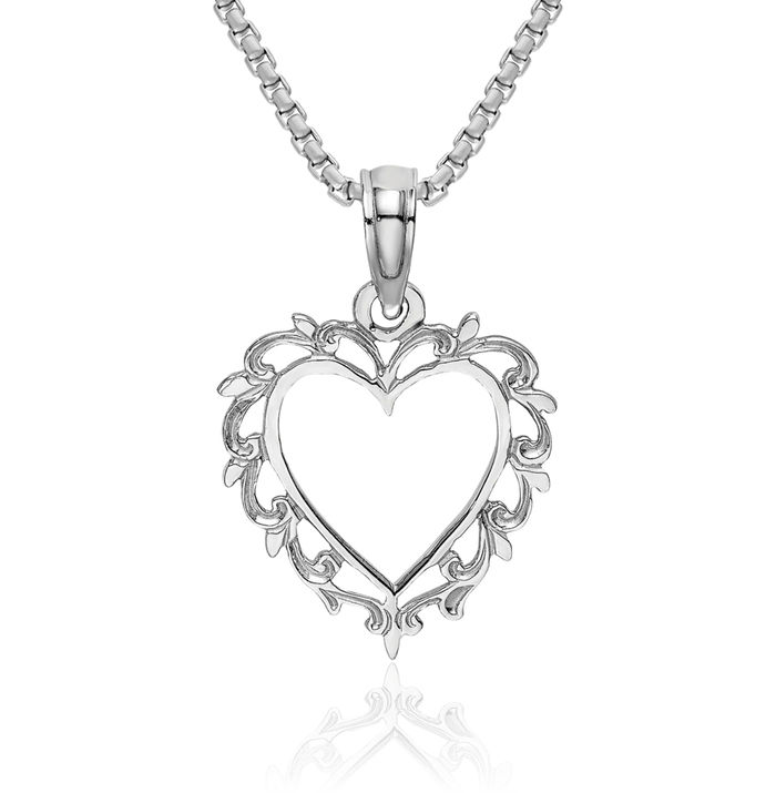 14K Solid White Gold Heart Necklace Chain Pendant Charm