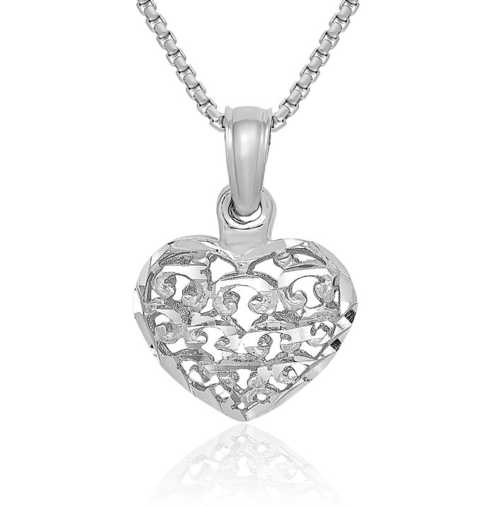 14K Solid White Gold Heart Necklace Love Pendant Charm