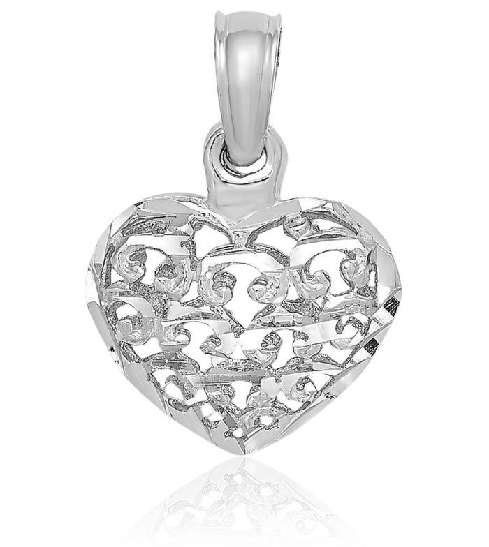 14K Solid White Gold Heart Necklace Love Pendant Charm