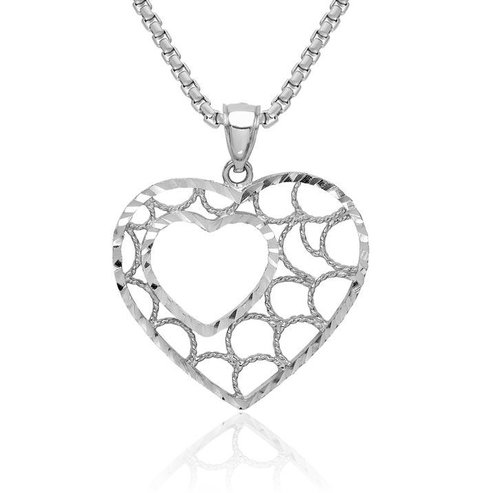 14K Solid White Gold Heart Necklace Love Pendant Charm