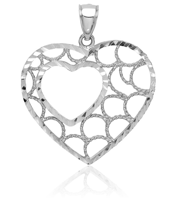 14K Solid White Gold Heart Necklace Love Pendant Charm