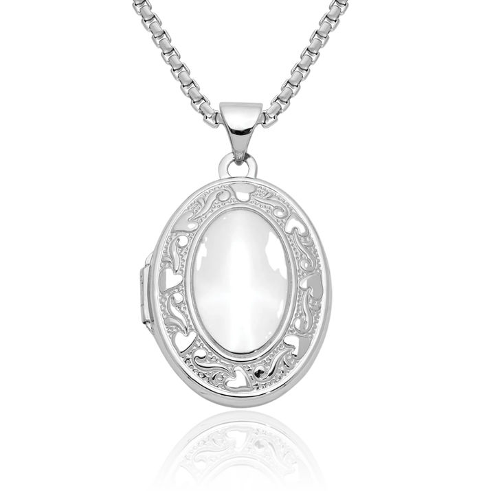 14K Solid White Gold Heart Oval Personalized Photo Locket Necklace Picture Pendant Charm