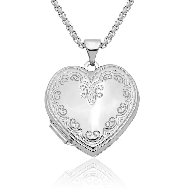 14K Solid White Gold Heart Personalized Photo Locket Necklace Picture Pendant Charm